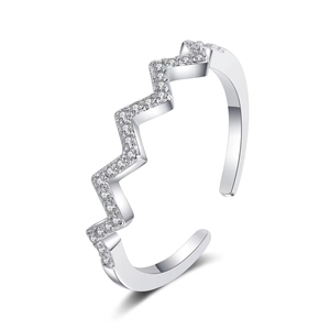 S925 sterling silver adjustable open ring with zigzag wave design and paved zircons