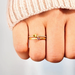 Ensemble de bagues double couche en argent S925 avec cœurs et zircons au doigt