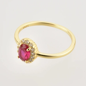 Elegant S925 sterling silver gold ring with red oval zircon and pave detail