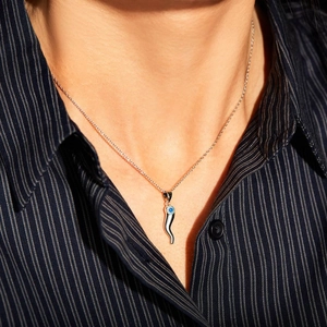 Collier élégant en argent S925 avec pendentif corne et œil bleu pour femme