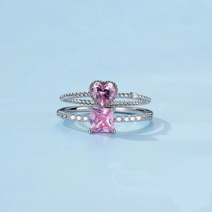 S925 Sterling Silver Heart Pink Zirconia Ring For Women Fashion Twisted Rope Band Square Cut Pink Stone Stacking Ring Jewelry