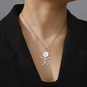 Minimalistische S925 Silber Strichmännchen Halskette mit rebellischer Mittelfinger Geste