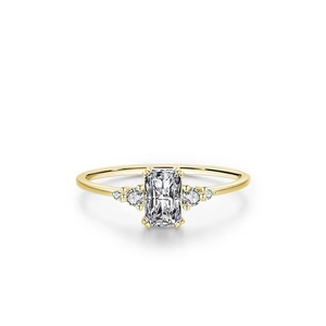 Elegante anello in argento s925 dorato con zircone taglio smeraldo su fondo bianco