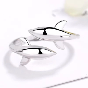 Anello aperto in argento sterling S925 lucido con design unico a doppio squalo