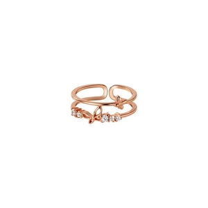 Double-layered S925 sterling silver butterfly ring with rose gold finish and cubic zirconia