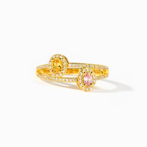 Dual layer gold-plated S925 silver ring with oval yellow and pink zircon birthstones