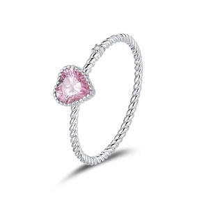 S925 sterling silver ring featuring a pink heart zircon and twisted rope band design
