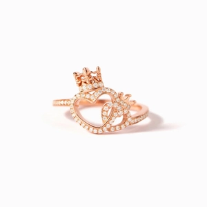 Rose gold s925 silver crown and double heart ring with pave-set shimmering crystals