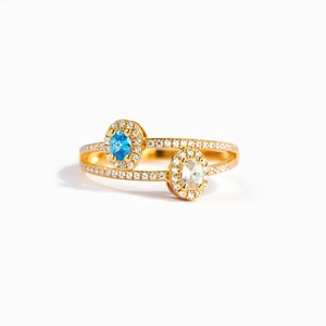 Elegant gold double-layered S925 silver ring with oval blue and white birthstones