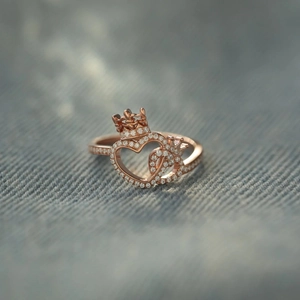 925 Sterling Silver Princess Crown Heart Ring Rose Gold Plated Rhinestone Pave Adjustable Finger Ring For Women Jewelry