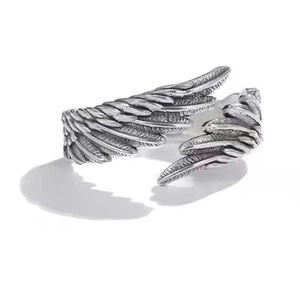 Retro S925 sterling silver angel wings open ring with vintage oxidized finish for women
