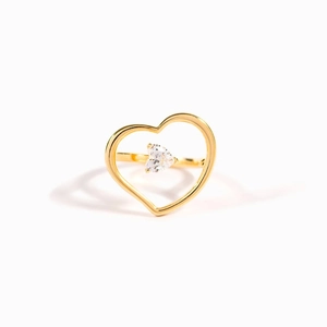 S925 sterling silver hollow heart ring with sparkling cubic zirconia in golden finish