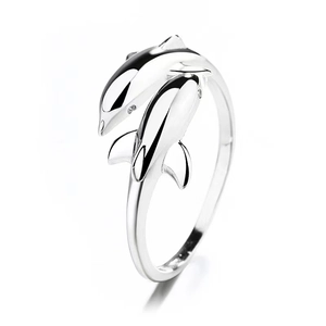 Anello aperto in argento sterling S925 lucido con design minimalista a doppio delfino