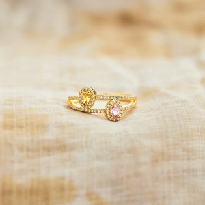 Detailed macro view of two-tier S925 silver ring with yellow and pink oval zircon stones