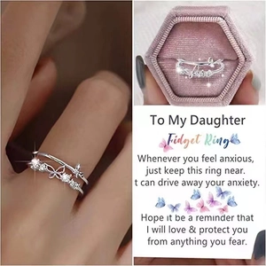Double butterfly S925 sterling silver ring with cubic zirconia in pink velvet jewelry box