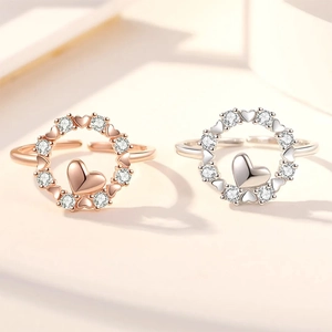 Bague Ouverte en Argent Sterling S925 Forme Cœur Cercle pour Femme Ajustable Minimaliste Strass Bague Bijoux de Mode Cadeau