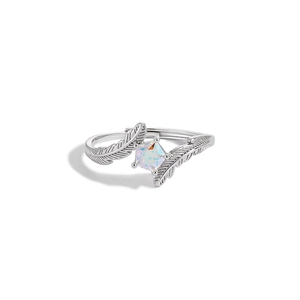 Elegant S925 sterling silver feather ring featuring a square iridescent stone center