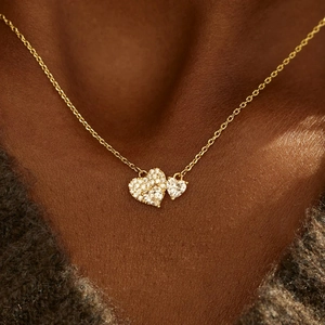 Elegant gold plated S925 sterling silver double heart necklace with sparkling zircon pavé