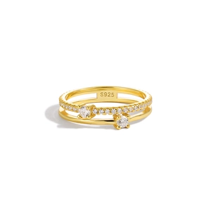 Elegant s925 sterling silver double-layer ring with gold plating and sparkling zircon stones