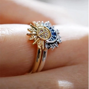 S925 sterling silver sun and moon nesting ring set with cubic zirconia pave settings