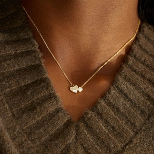 S925 sterling silver gold heart necklace with double pendants and pavé-set crystals