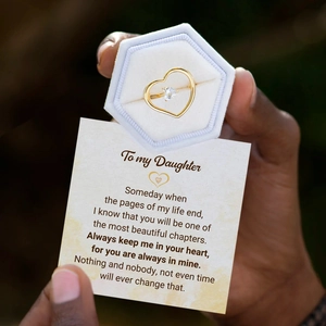 Golden heart ring with zircon in velvet box with a sentimental message gift card