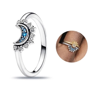 S925 sterling silver crescent moon ring with blue zircon stones and star accents
