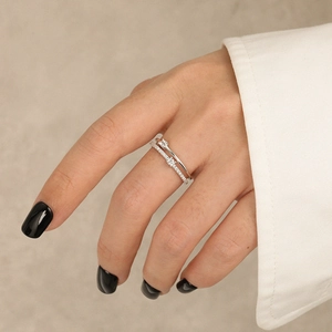 S925 sterling silver double-layer ring with square main stone and micro-pave diamonds
