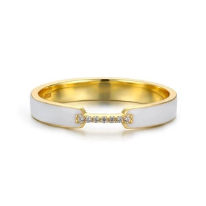 Minimalist S925 sterling silver gold-plated ring with white enamel and row of small diamonds