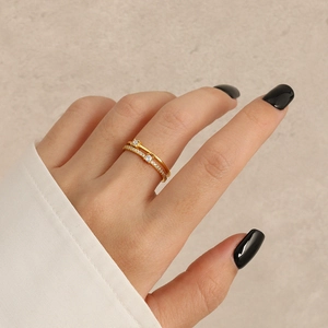 Minimalist S925 sterling silver double-layer gold ring with paved zircon diamonds