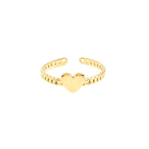 Detail of s925 gold heart ring featuring a hollow chain texture and open adjustable band