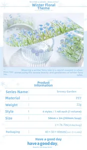 Detail specifications of Snowy Garden PET tape with blue winter floral patterns for DIY