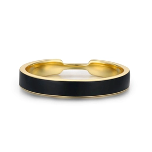 Detail of minimalist gold open ring with premium black enamel inlay and smooth polished edges