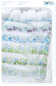 Detail of floral PET tape showing six watercolor flower designs with snow theme