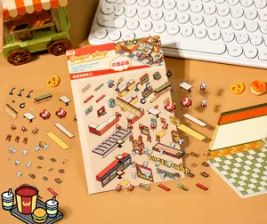 Detail of Burger Shop themed DIY PET stickers with miniature furniture and food elements
