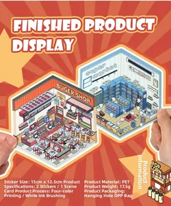 Detail of PET cartoon shop stickers with dimensions 15x12.5cm for DIY scrapbooking