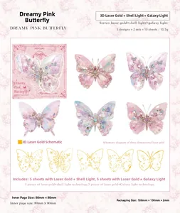 Detail of 3D laser butterfly stickers with holographic gold and shell light effects