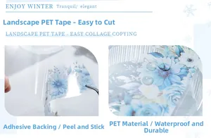 Macro detail of waterproof blue floral PET tape showing easy peel backing and DIY utility