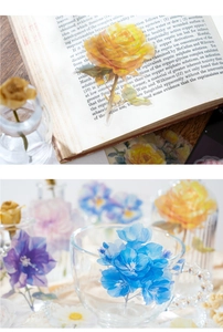 Vista detallada de pegatinas PET florales en libros y vidrio con efecto de transparencia