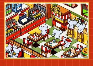Macro detail of PET sticker with retro cartoon mice dining in a vintage fast food scene