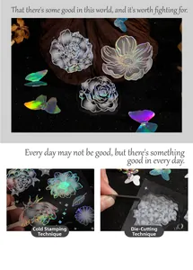 Close-up of retro floral PET stickers with holographic foil and precision die-cut details