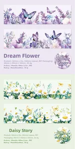 Ruban décoratif PET détaillé avec motifs de fleurs violettes et papillons dessinés à la main