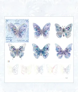 Macro shot of 10-piece laser silver butterfly stickers with iridescent shell finish