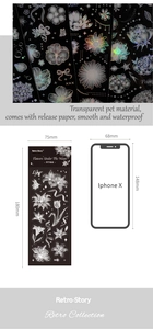 Macro detail of laser PET flower stickers with waterproof finish and size specifications