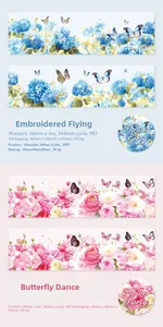 Détail macro du ruban PET avec motifs d'hortensias bleus et papillons pour scrapbooking DIY