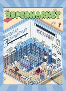 Macro detail of cartoon isometric supermarket sticker with cute dogs and snack shelves