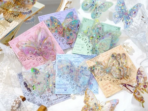 Detail view of 3D laser butterfly stickers with dream series gold stamping effect