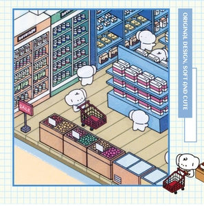 Detail of cute PET sticker showing 2D isometric supermarket scene for DIY journaling