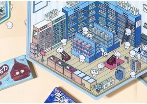 Macro detail of PET cartoon stickers with supermarket scene and decorative DIY card designs