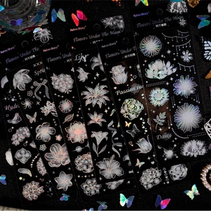Retro-Story holographic flower and butterfly PET stickers with laser finish for journaling